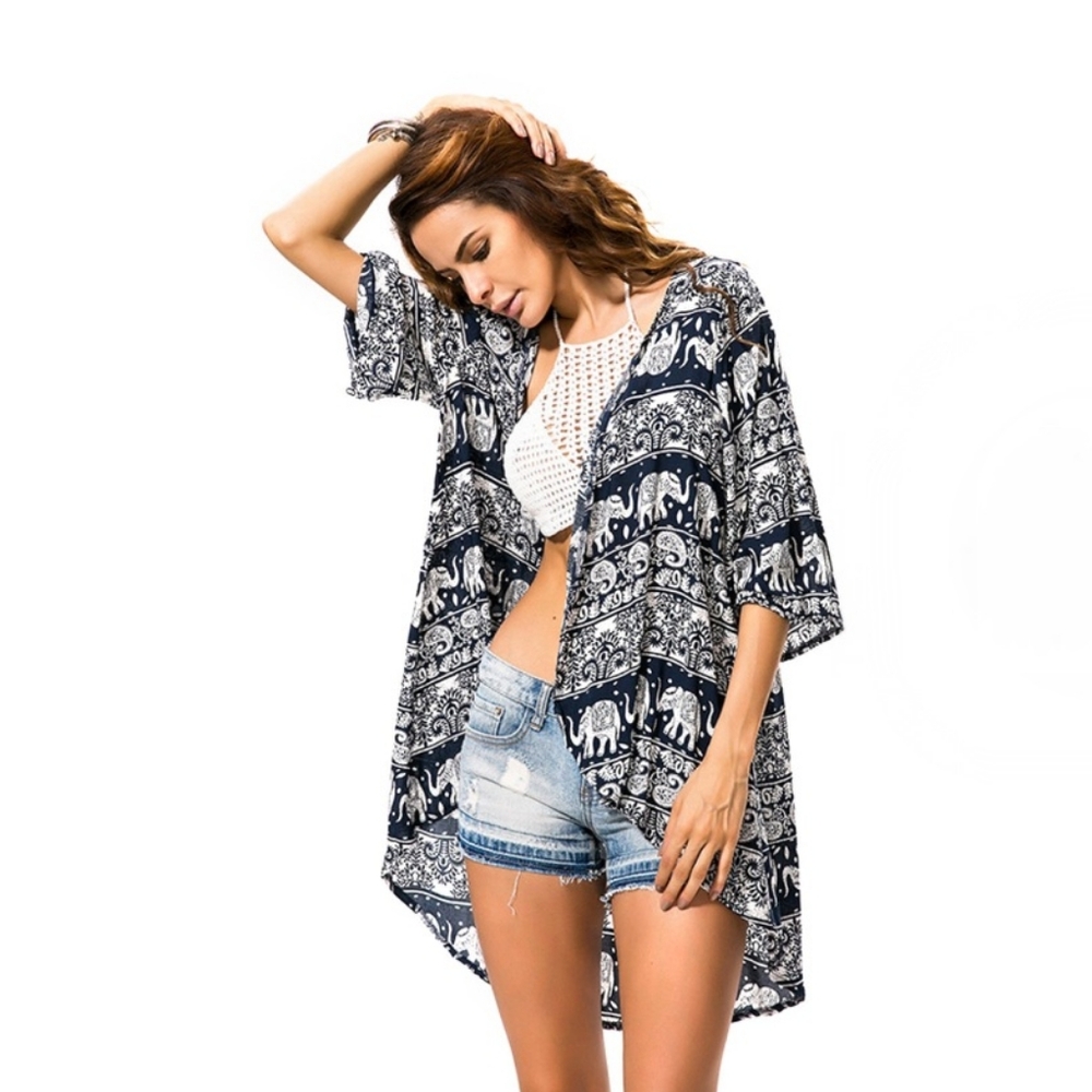Zanzea Boho Elephant Print Kimono Cardigan Open Front Swim Cover-Up Blue Size 18